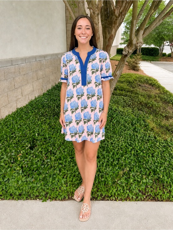 Simply Southern Dresses & Skirts - Simply Southern Blue Hydrangea Floral Pink Stripe Above Knee Shift Dress L